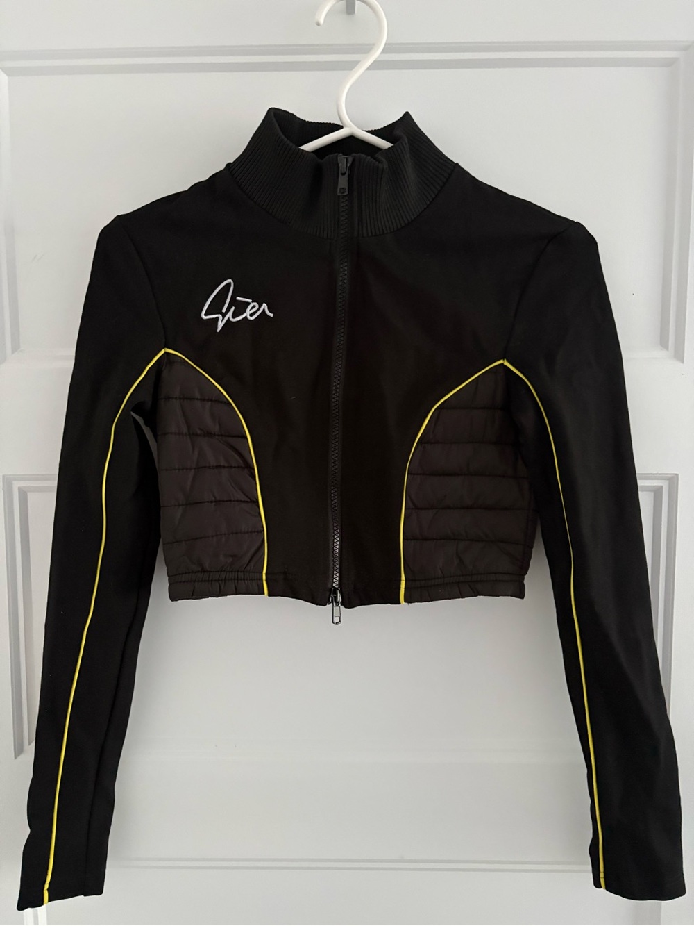 I.AM.GIA Black Cropped Zip-Up Jacket with Yellow Piping
